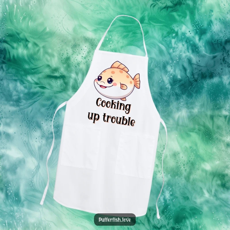 Funny mischievous pufferfish apron, showing a grinning fish wiggling its tail, perfect for humorous cooking and as a practical funny gift.