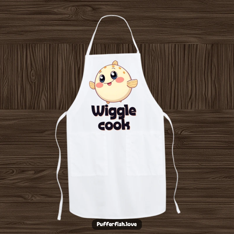 Funny Apron showcasing a round pufferfish wiggling enthusiastically, its happy eyes adding a spark of joy to your culinary tasks.