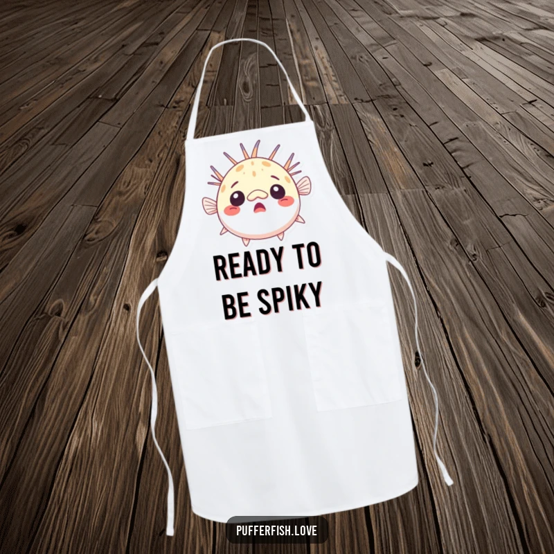 Funny surprised pufferfish apron, comically round with raised fins, ideal for humorous cooking and as a practical funny gift.