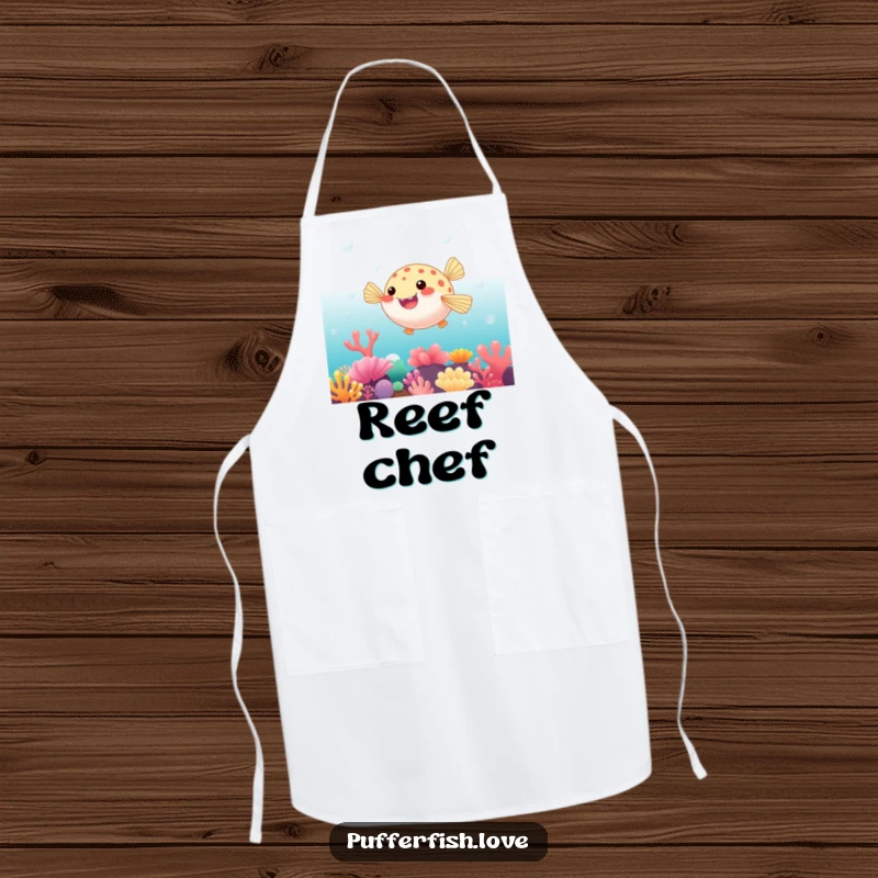 Funny Apron showcasing a pufferfish playfully bouncing on a vibrant coral reef, adding a touch of ocean whimsy to your cooking.