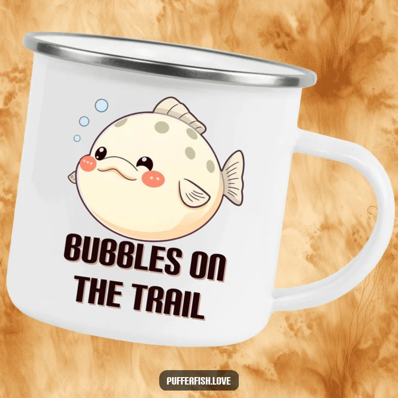 Funny Pufferfish Camping Mug: A rugged mug featuring a pufferfish with puffed cheeks and bubbles, ideal for outdoor adventures and humorous moments.