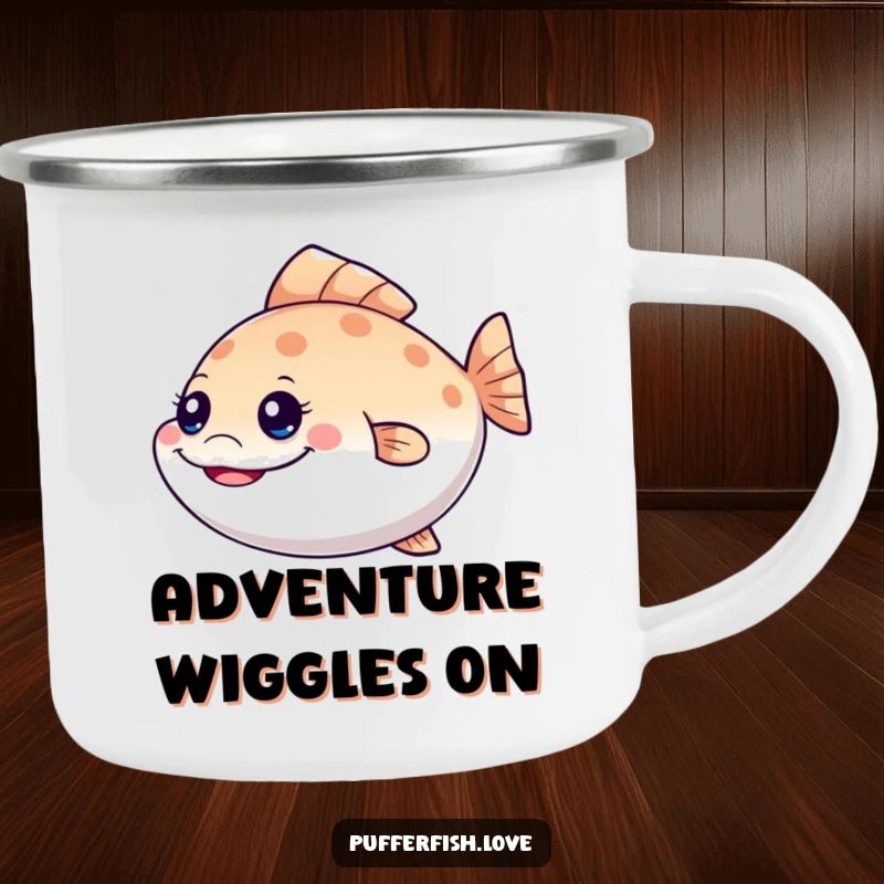 Funny mischievous pufferfish camping mug, showing a grinning fish wiggling its tail, perfect for outdoor drinks with a humorous, cheeky vibe, a funny gift.