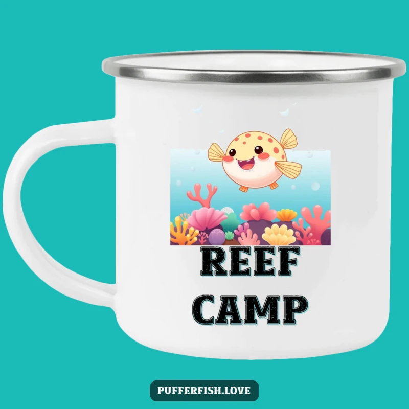 Funny Bouncing Pufferfish Enamel Camping Mug: Explore with Fun, A Funny Gift