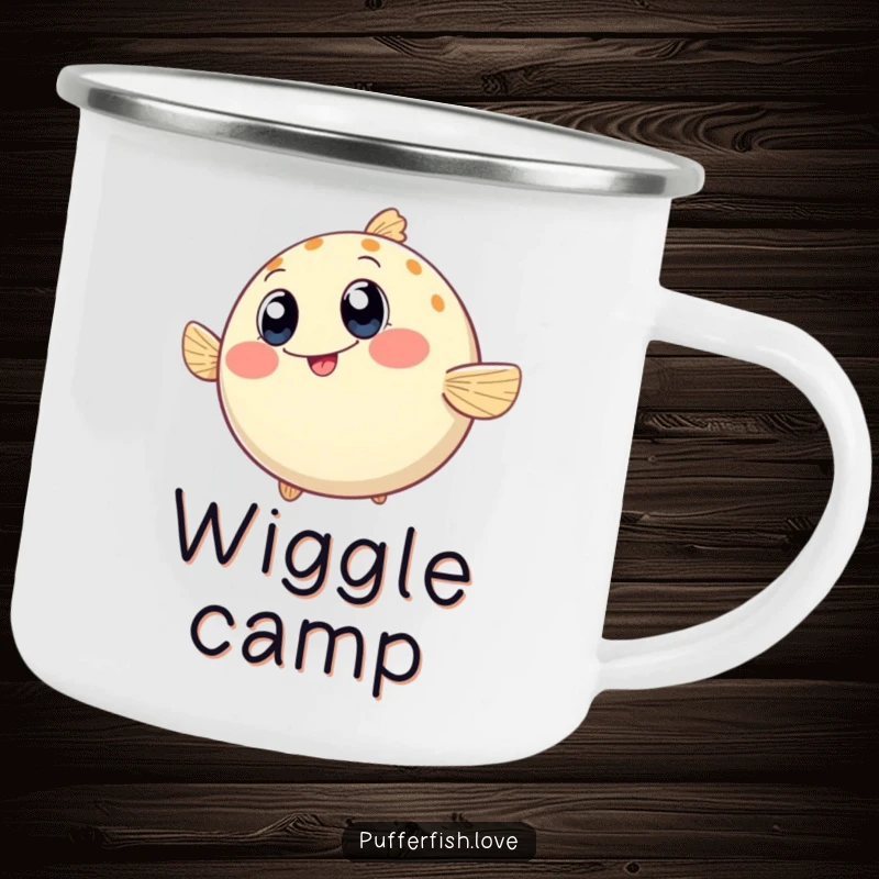 Funny Camping Mug of a round pufferfish wiggling with pure enthusiasm, its happy eyes perfect for campfire conversations.