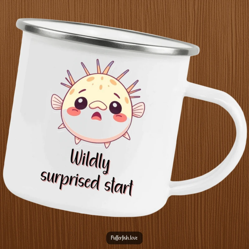 Funny surprised pufferfish camping mug, comically round with raised fins, perfect for outdoor drinks with a humorous, astonished vibe, a funny gift.