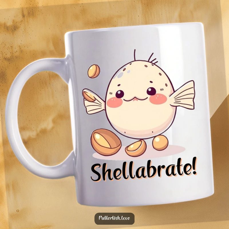 Funny Mug featuring a kawaii pufferfish adorably attempting to juggle small, shiny shells with a determined, cute expression.