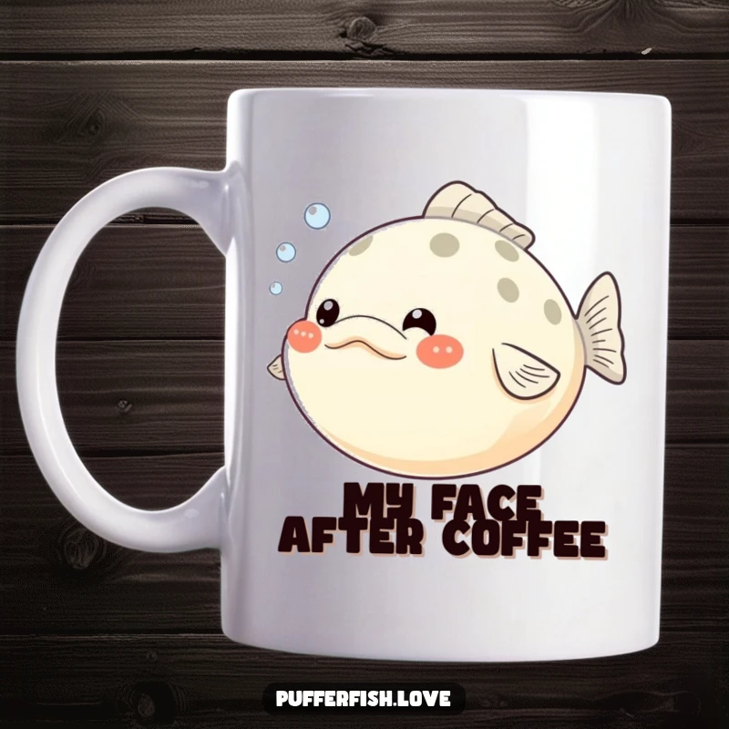 Funny Pufferfish Mug: Puffed cheeks, tiny bubbles escaping, conveying a silly, humorous, and cheerful vibe for a perfect gift.