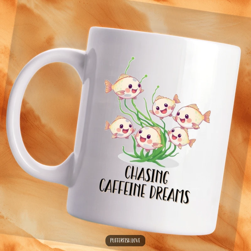 Funny pufferfish mug showing tiny fish playfully chasing seaweed, a scene of aquatic joy and humor, a perfect funny gift.