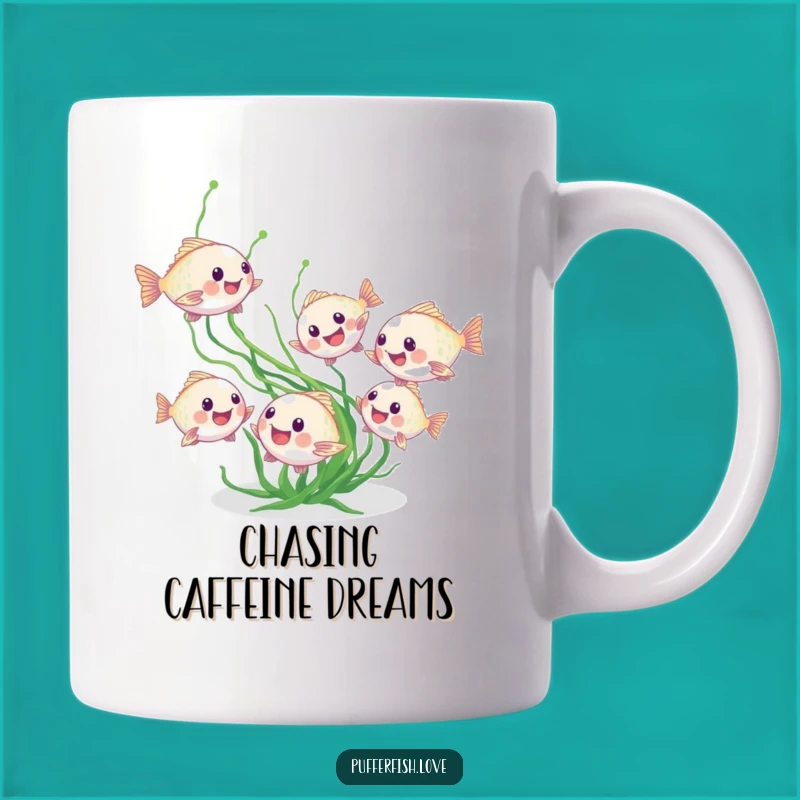 Funny Pufferfish Playtime Mug: A Hilarious Scene of Tiny Fish Chasing Seaweed