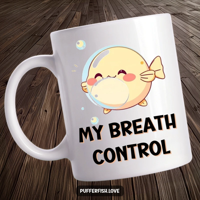 Funny pufferfish bubble mug featuring a playful pufferfish inflating and deflating around a shimmering bubble, evoking joy and whimsy.