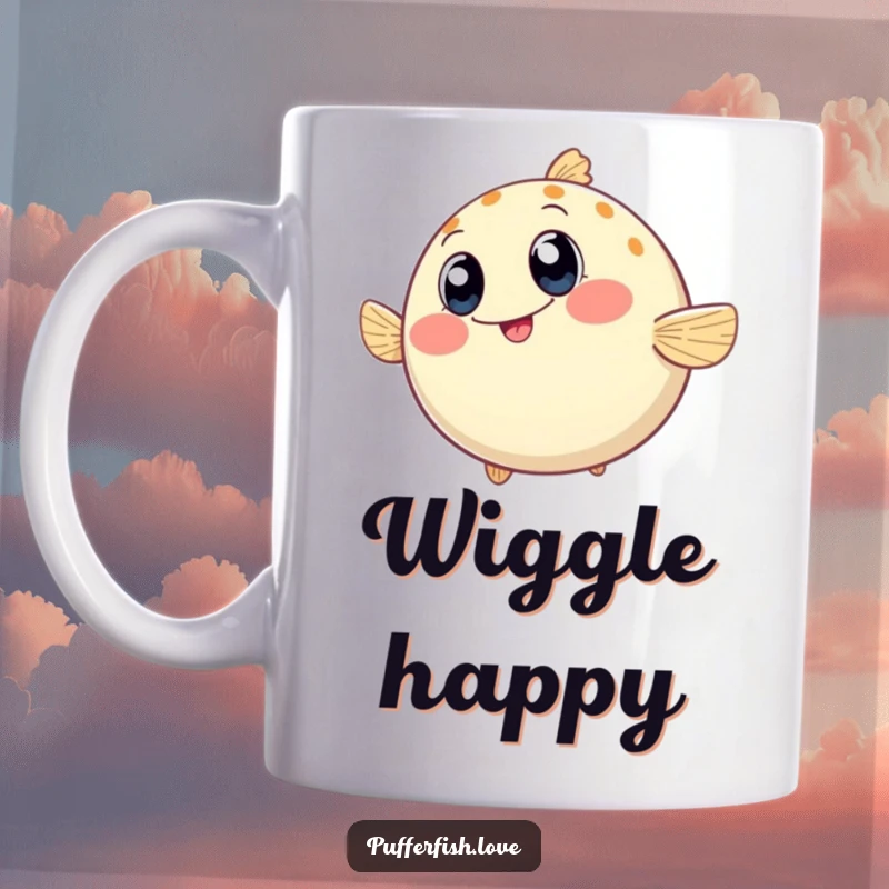 Funny Mug of a round pufferfish wiggling with pure enthusiasm, its wide, happy eyes sparkling with contagious joy.