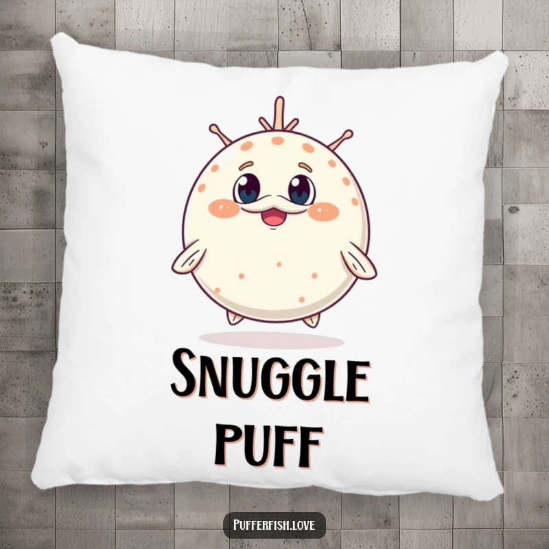 Funny Pillow featuring a pufferfish adorably inflating, its surprised, cheerful face ready to bring soft comfort and smiles.