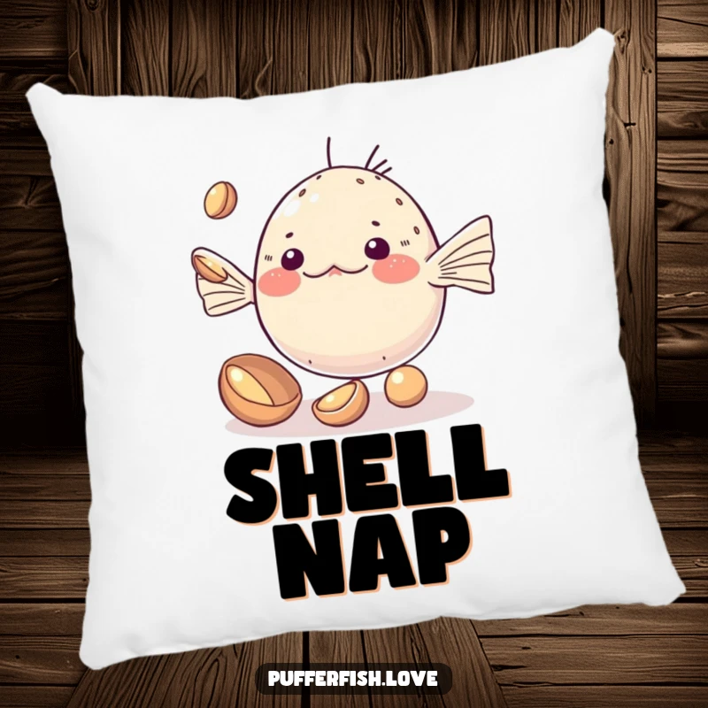Funny Pillow featuring a kawaii pufferfish adorably attempting to juggle small, shiny shells, bringing soft comfort and cute smiles.