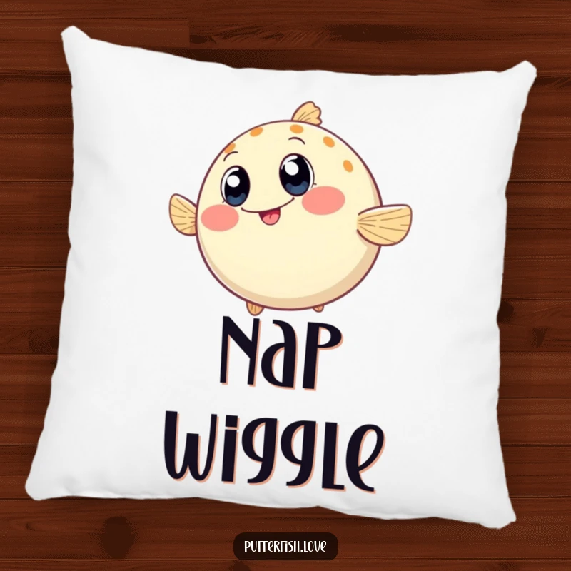 Funny Pillow featuring a round pufferfish wiggling with extreme enthusiasm, its big, happy eyes promising soft comfort and joy.