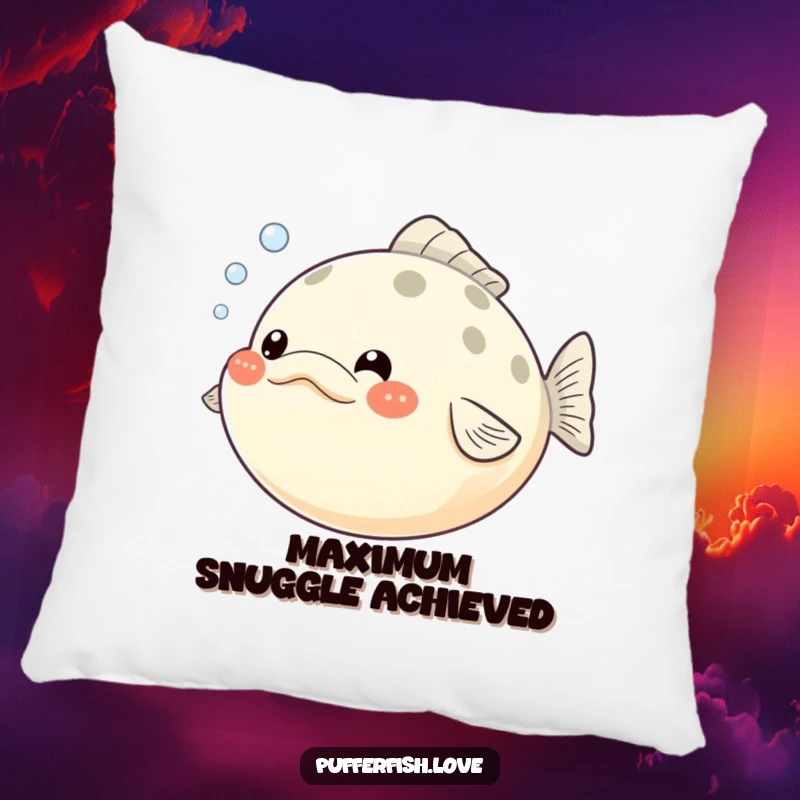 Funny Pufferfish Pillow: A plush pillow featuring a pufferfish with inflated cheeks and small bubbles, offering comfort and a funny decorative element.