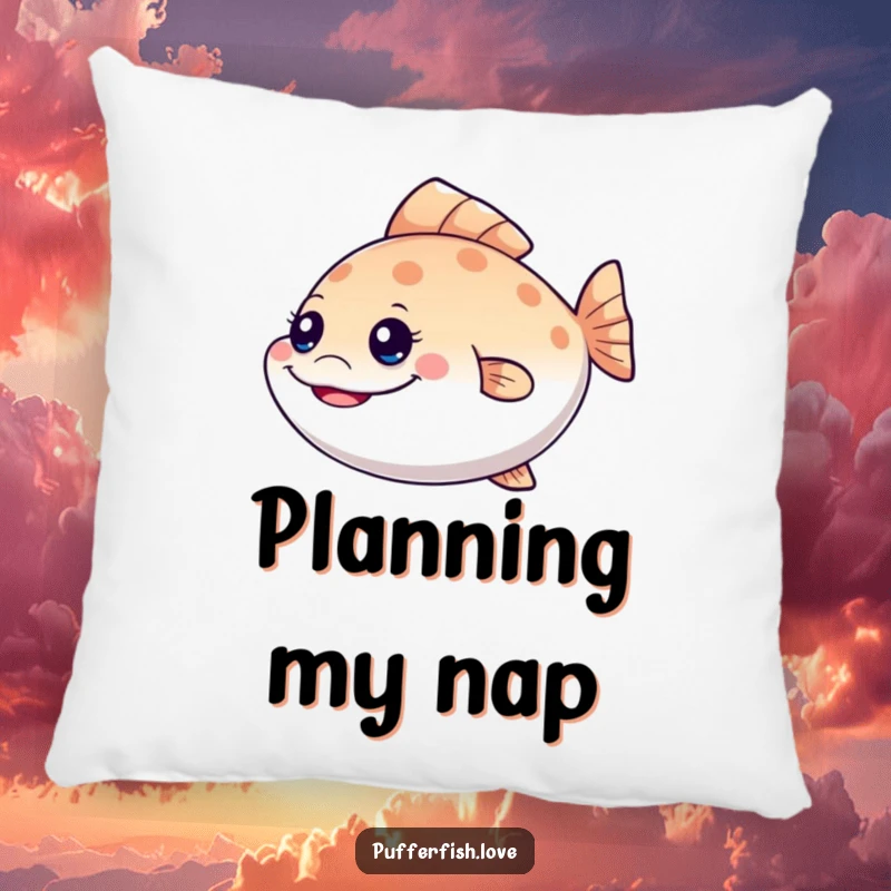 Funny mischievous pufferfish pillow, featuring a grinning fish wiggling its tail, designed for cozy humor and as a cute funny gift.