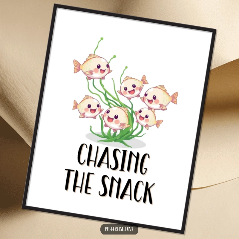 Funny pufferfish digital art, showing tiny fish playfully chasing seaweed, perfect for instant underwater-themed humorous wall decor, a funny gift.