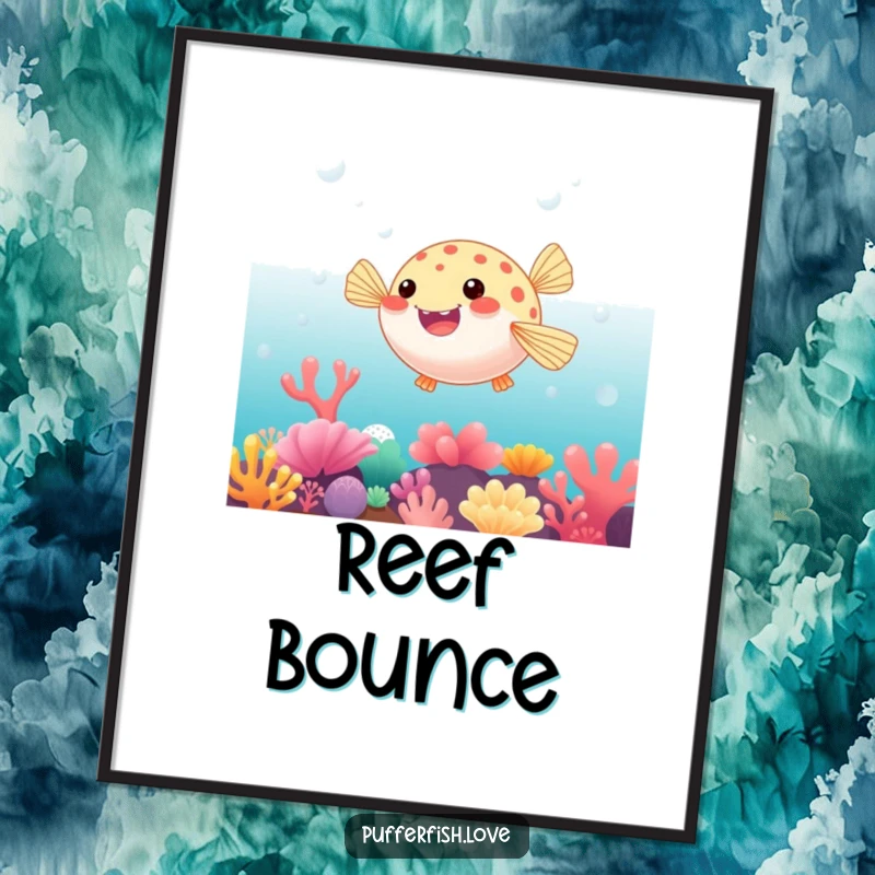 Funny Digital Art Print of a pufferfish playfully bouncing on a vibrant coral reef, capturing the lively essence of the ocean.