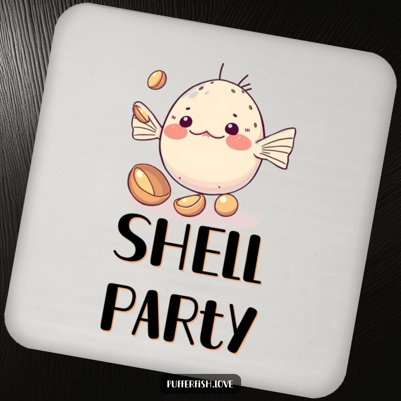 Funny Coasters showcasing a kawaii pufferfish adorably attempting to juggle small, shiny shells, adding a touch of cute skill to your drinks.