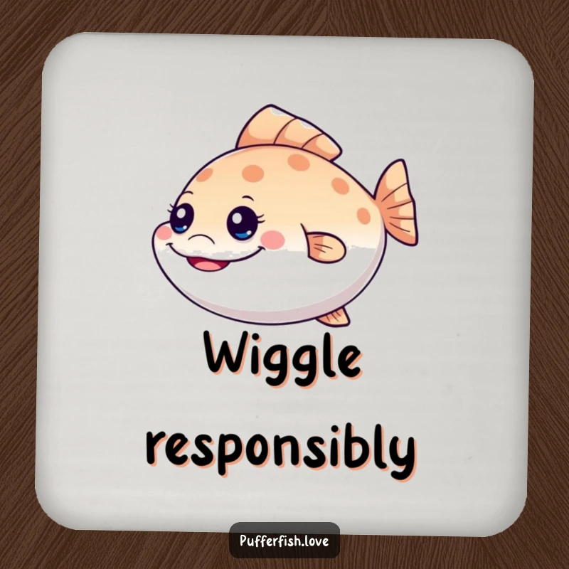 Funny mischievous pufferfish coasters, featuring a grinning fish wiggling its tail, protecting surfaces with playful humor, an excellent funny gift.