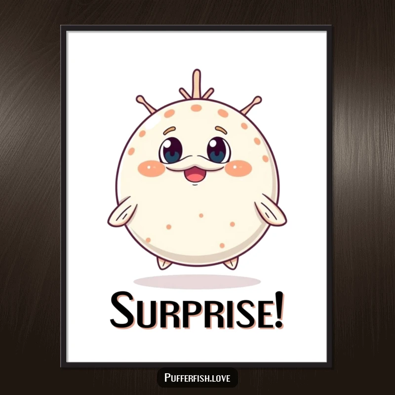 Funny Poster of a pufferfish adorably inflating, its surprised yet cheerful expression capturing a moment of delightful cuteness.