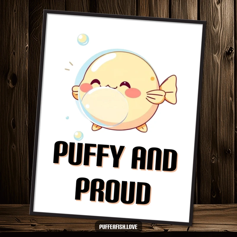Funny pufferfish bubble poster, showcasing a playful pufferfish inflating around a shimmering bubble, ideal for whimsical wall art.