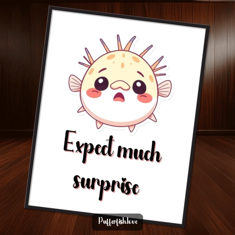 Funny surprised pufferfish poster, comically round with raised fins, looking surprised, adding humorous art to any space, a unique funny gift.