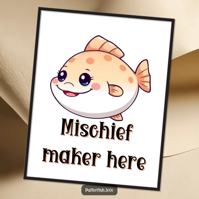 Funny mischievous pufferfish poster, depicting a grinning fish wiggling its tail, perfect for humorous wall art and as a funny gift.