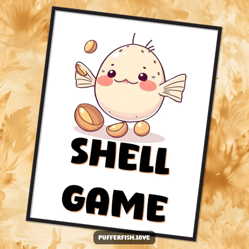 Funny Poster of a kawaii pufferfish adorably attempting to juggle small, shiny shells, capturing a moment of cute, determined effort.