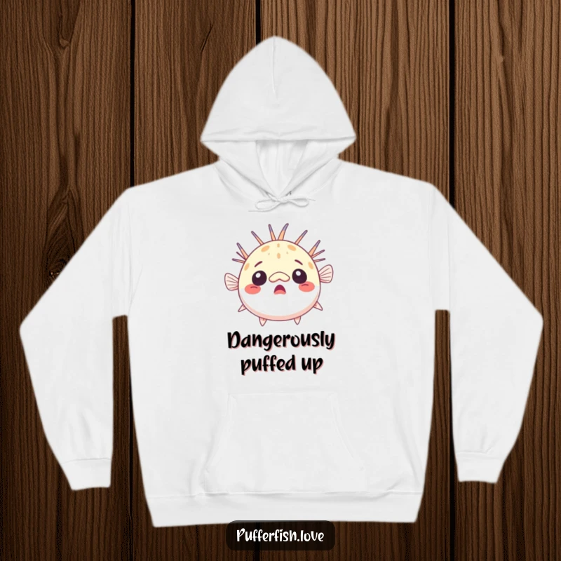 Funny surprised pufferfish hoodie, comically round and astonished, ideal for cozy humor and as a unique funny gift.