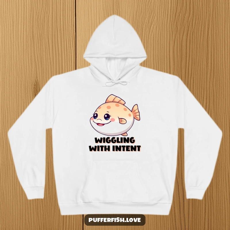 Funny mischievous pufferfish hoodie, showing a grinning fish wiggling its tail, offering cozy humor and a great funny gift.