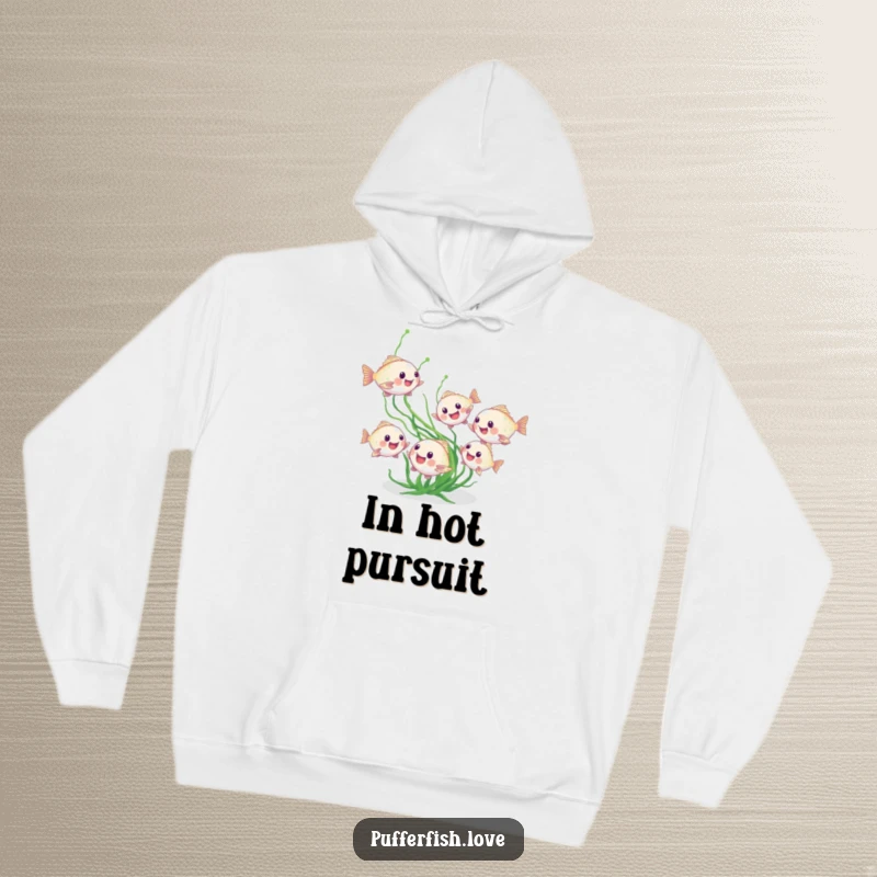 Funny pufferfish hoodie showing tiny fish enthusiastically chasing seaweed, offering warmth and aquatic humor, a wonderful funny gift.