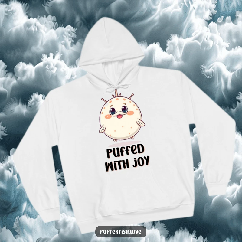 Funny Hoodie of a pufferfish adorably inflating, its surprised, cheerful expression radiating pure, fuzzy charm and delight.