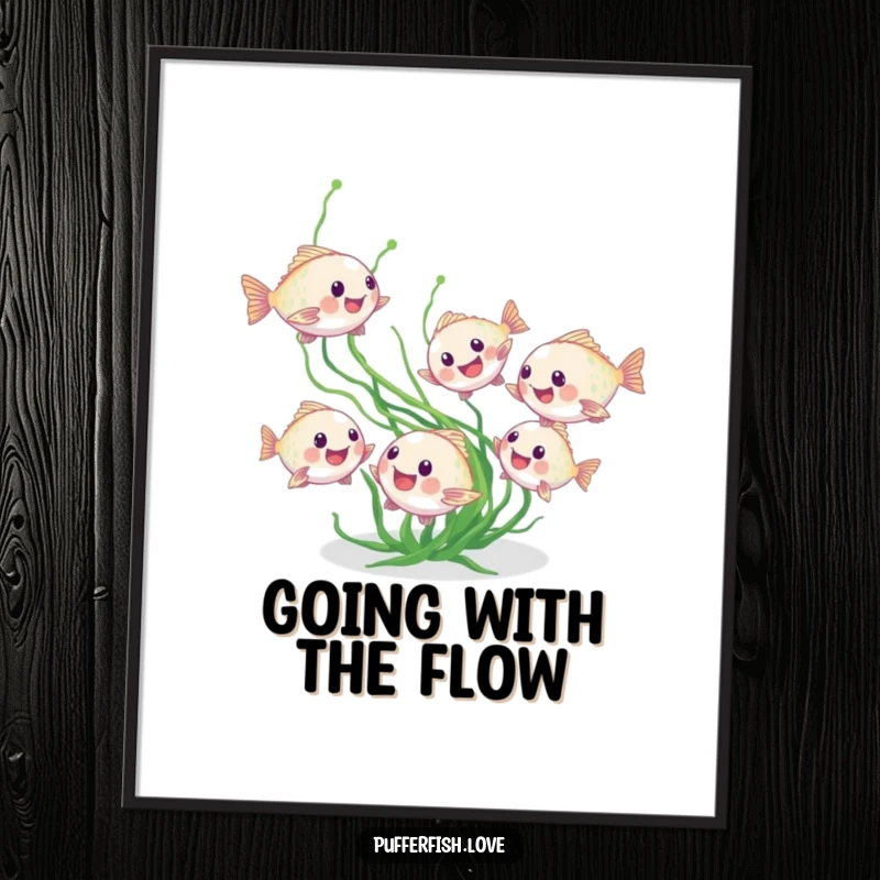 Funny Free Printable Wall Art showing a group of tiny pufferfish engaged in a playful chase after a floating strand of seaweed.