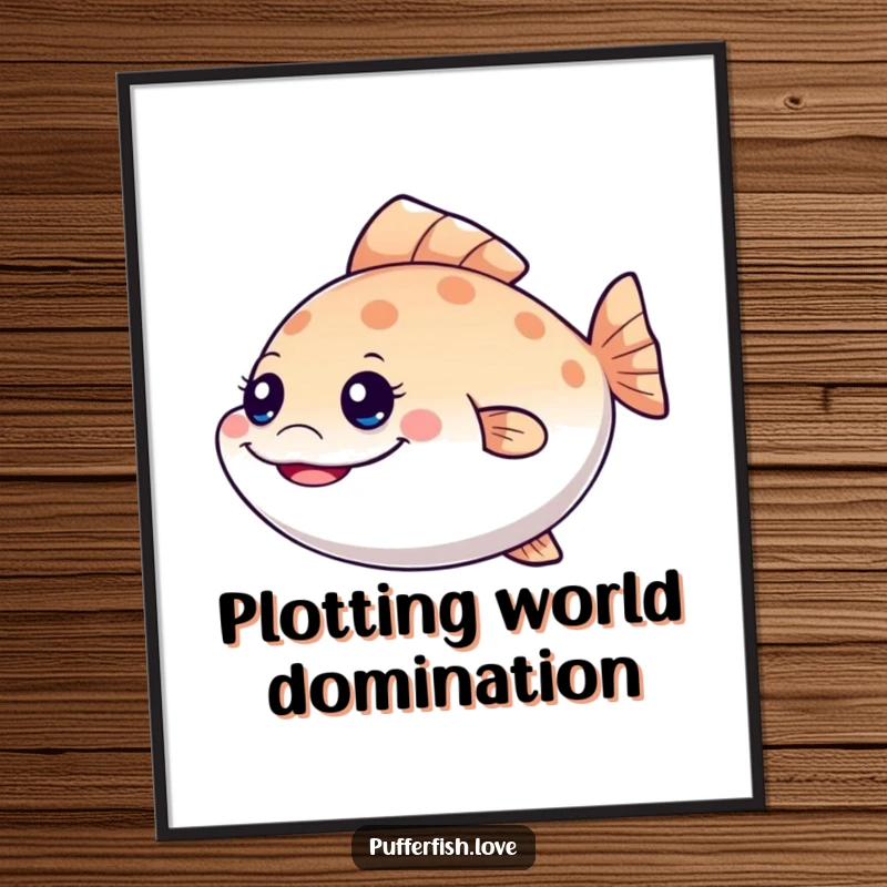 Funny Free Printable Wall Art featuring a pufferfish with a mischievous grin and a playfully wiggling tail fin, adding humor to decor.