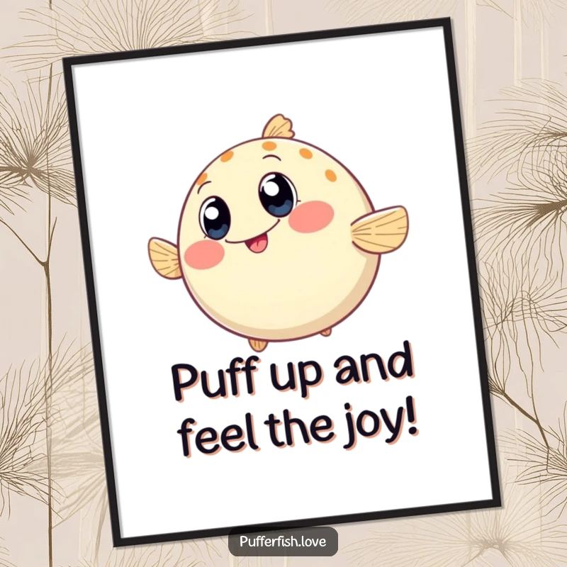 Funny Free Printable Wall Art featuring a round pufferfish wiggling enthusiastically with wide, happy eyes, bringing joy to any space.