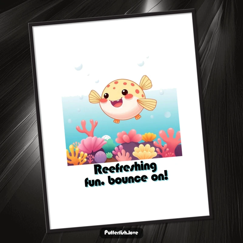 Funny Free Printable Wall Art featuring a pufferfish playfully bouncing on a vibrant coral reef, adding a touch of whimsy.