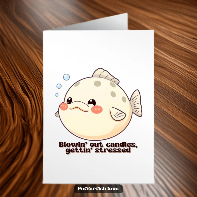 Funny Free Printable Birthday Card: Pufferfish puffing cheeks, releasing tiny bubbles, ready to celebrate a special occasion.