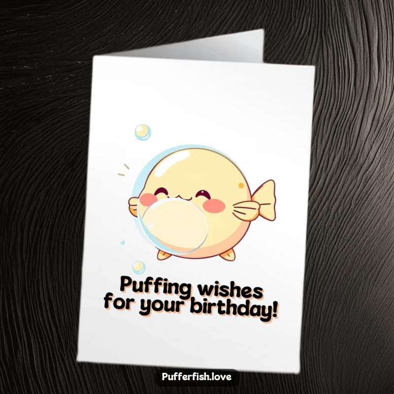 Funny Free Printable Birthday Card featuring a playful pufferfish inflating around a shimmering bubble, wishing a fun-filled day. Downloadable.