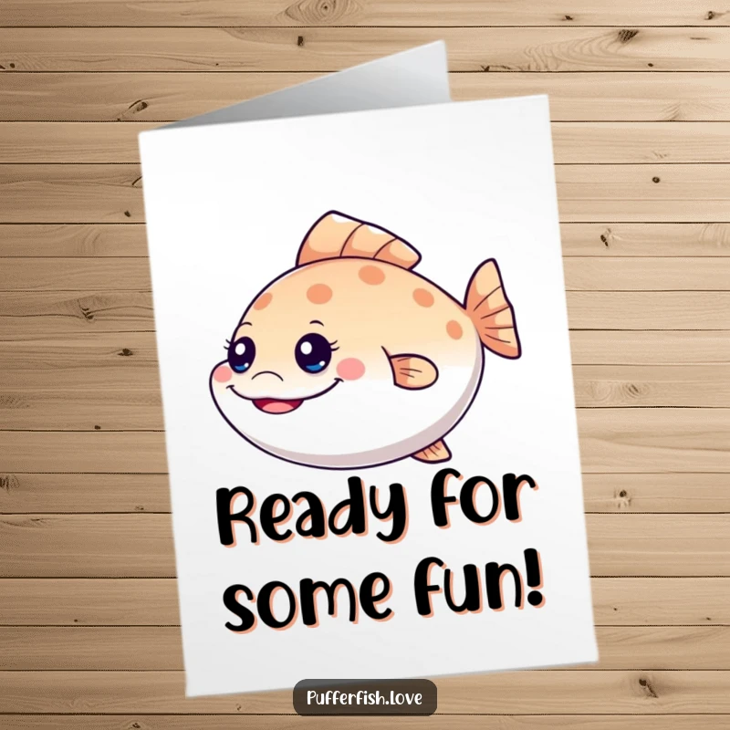 Funny Free Printable Birthday Card featuring a mischievous pufferfish with a wide grin, wiggling its tail fin with playful intent.