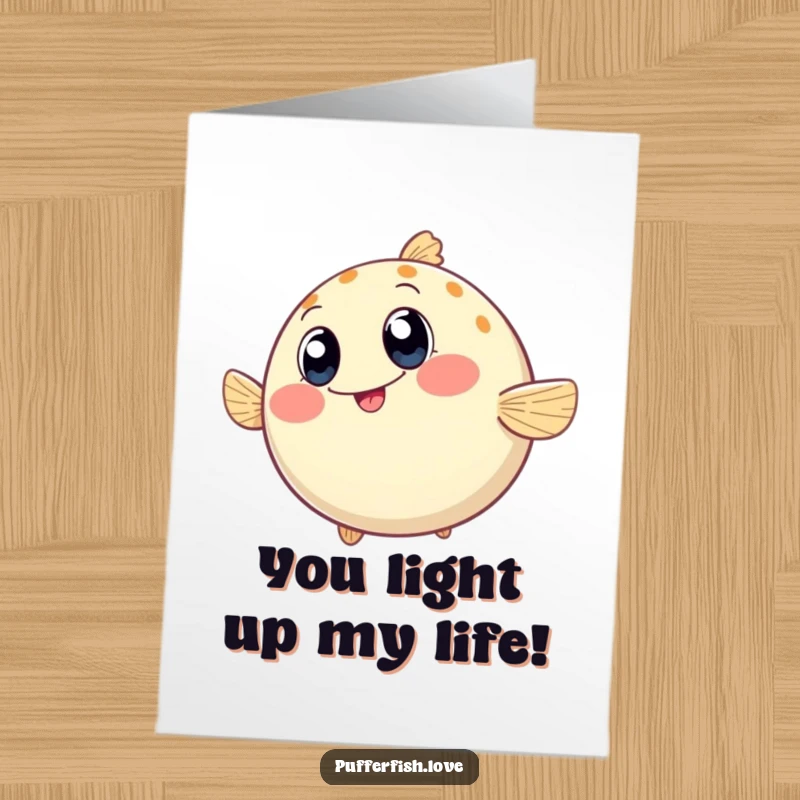 Funny Free Printable Birthday Card with a round pufferfish wiggling excitedly with big, happy eyes, perfect for a cheerful celebration.