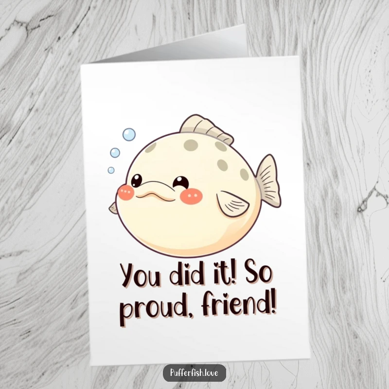 Funny Free Printable Congratulations Card: Pufferfish with puffed cheeks and bubbles, celebrating a fantastic achievement with joy.