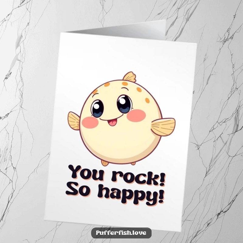 Funny Free Printable Congratulations Card showing a round pufferfish wiggling enthusiastically with wide, happy eyes, celebrating success.
