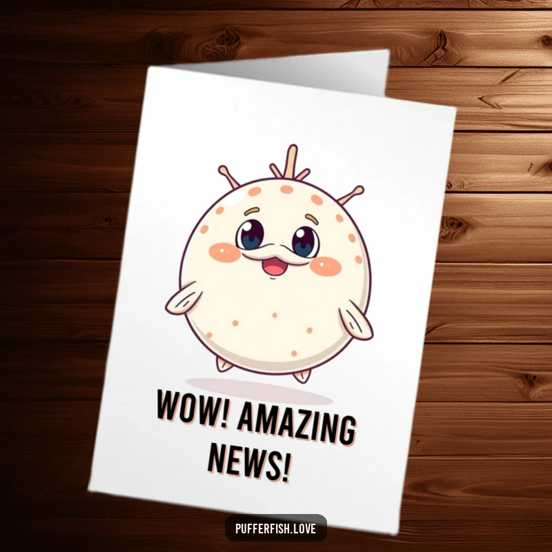 Funny Free Printable Congratulations Card showing a pufferfish inflating adorably with a surprised, cheerful expression, celebrating achievements.