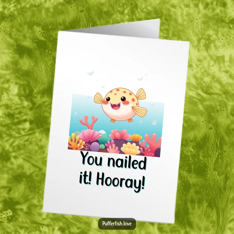 Funny Free Printable Congratulations Card showing a pufferfish playfully bouncing on a vibrant coral reef, celebrating achievements.