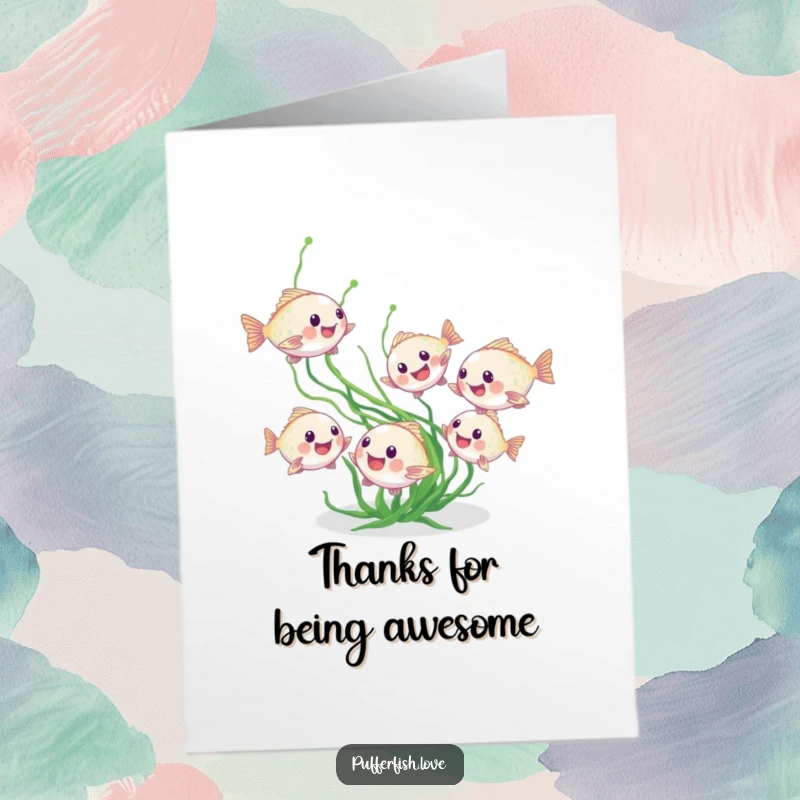 Funny Free Printable Thank You Card depicting tiny, energetic pufferfish playfully pursuing a strand of seaweed, adding a touch of whimsy.