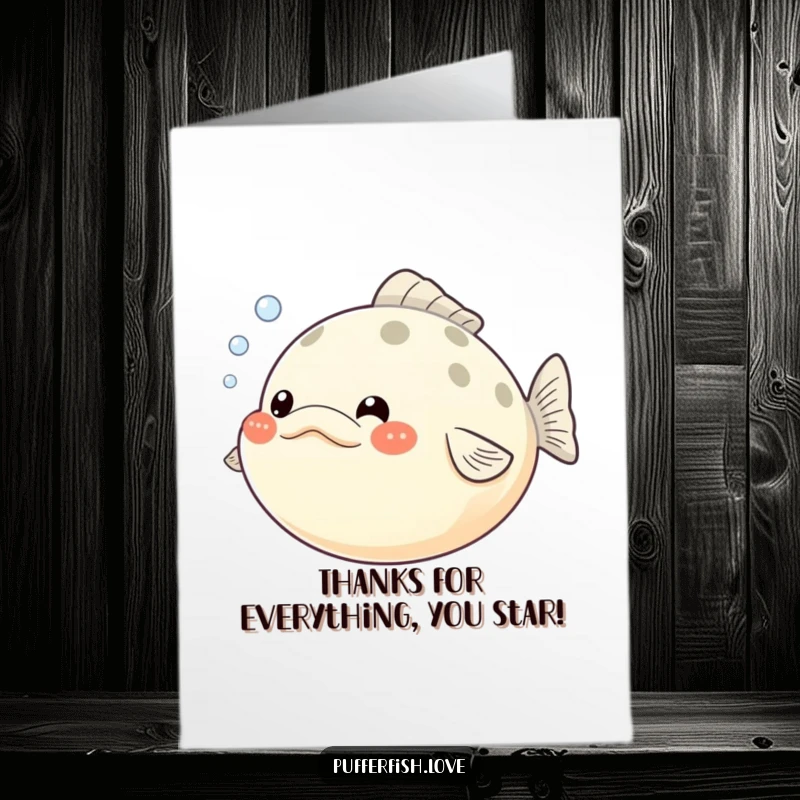 Funny Free Printable Thank You Card: Pufferfish with puffed cheeks, emitting bubbles, conveying sincere gratitude with a smile.