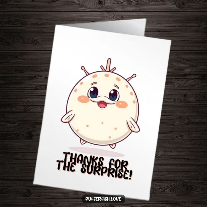 Funny Free Printable Thank You Card with a pufferfish inflating adorably with a surprised, cheerful expression, expressing gratitude.