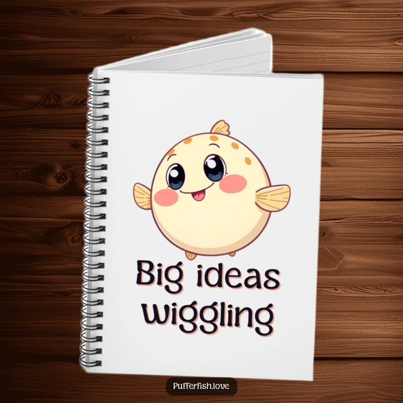 Funny Notebook featuring a round pufferfish wiggling enthusiastically, its wide, happy eyes inspiring fun and creative note-taking.