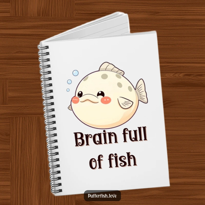 Funny Pufferfish Notebook: A pufferfish with comically inflated cheeks, emitting small bubbles, on the cover of a notebook for writing, a funny gift.